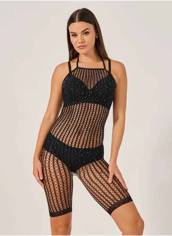 Styli Styli Solid Rhinestone Mesh Bodysuit
