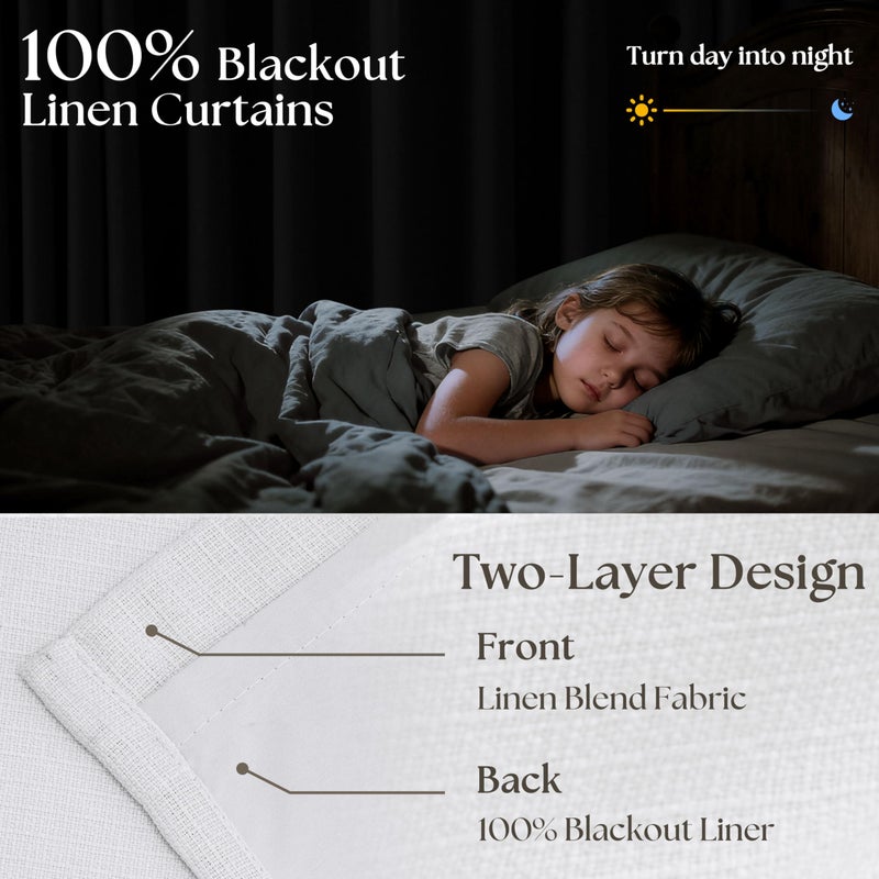 TWODRAPES Pinch Pleated Blackout Curtains 102 Inches Long for Bedroom 100% Black Out Thick Linen Dual Layer Pinch Pleat Drapes with Back Tab Farmhouse Country Snow White 102 Inch Curtain for Dining Living Room - Image 2