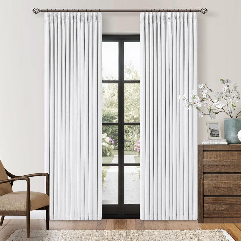 TWODRAPES Pinch Pleated Blackout Curtains 102 Inches Long for Bedroom 100% Black Out Thick Linen Dual Layer Pinch Pleat Drapes with Back Tab Farmhouse Country Snow White 102 Inch Curtain for Dining Living Room - Image 1