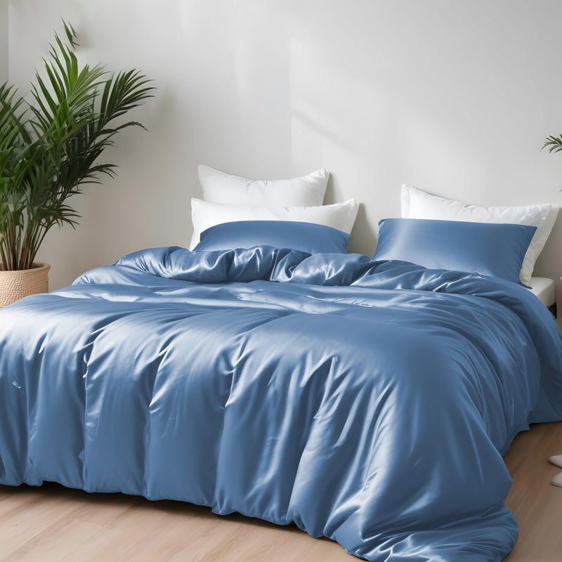 Linenwalas Duvet Cover Set Queen Size  Viscose Derived from Bamboo Soft Breathable Light Weight Cooling Comforter Cover with Zipper Closure and Corner Ties Queen Bahamas Blue