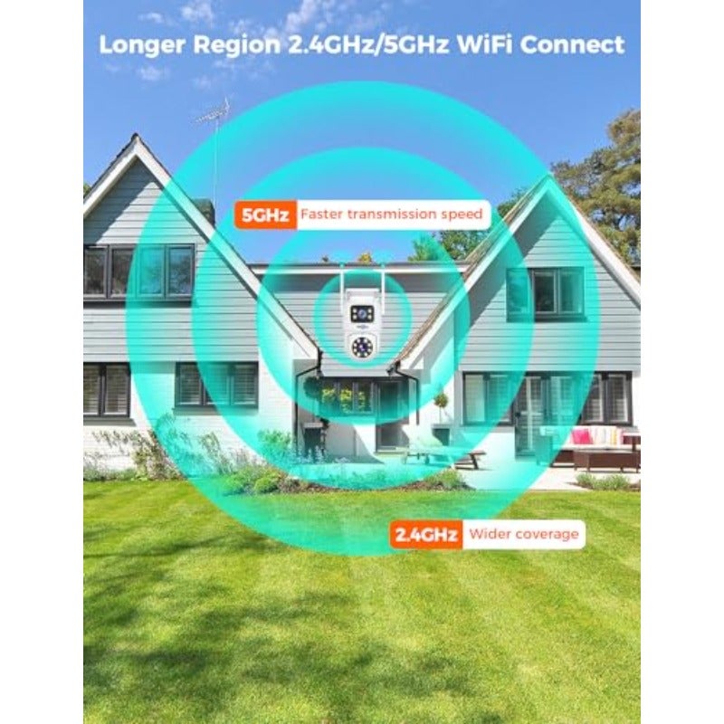 كاميرا أمنية لاسلكية بتقنية 5G و 2.4G WiFi ذات عدستين رؤية بانوراما دوران وزوم تحكم كامل بالألوان رؤية ليلية ذكية للكشف عن الحركة تتبع تلقائي صوت ثنائي الاتجاه مقاومة للماء بمعيار IP66 كبل قابس - Image 4
