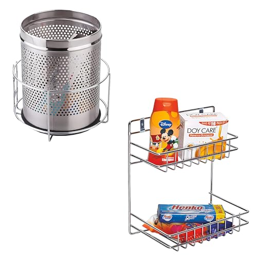 Planet Stainless Steel Detergent and Dustbin Stand Holder/Wall Mounted Under Sink Garbage Bin Storage Rack for Bathroom and Modular Kitchen/Dustbin Under Sink/Bathroom Shelf - Image 1
