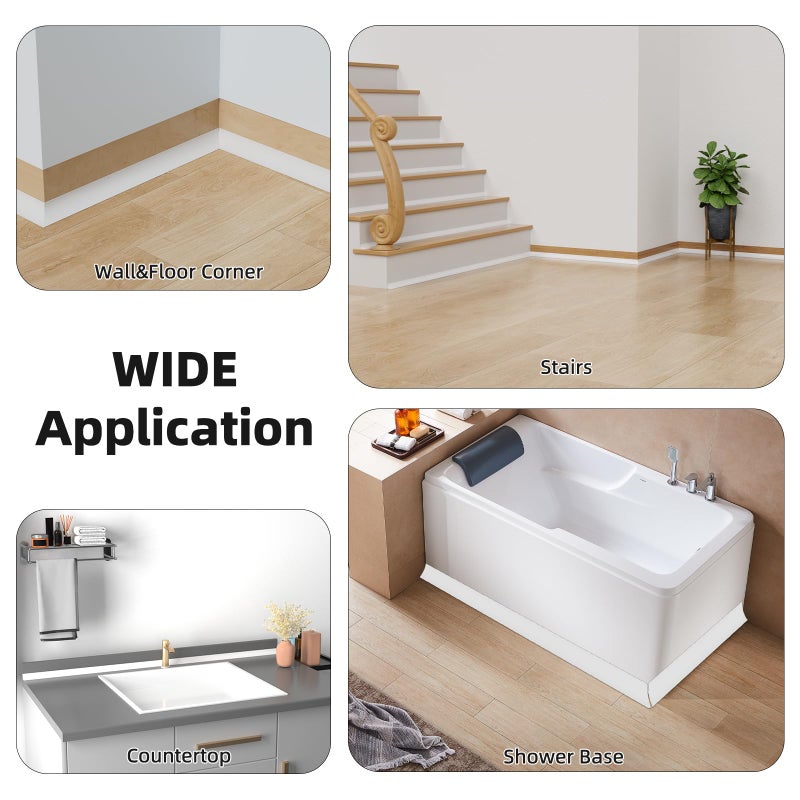 cuysfead 9.8' Flexible Quarter Round Molding, Peel and Stick Shoe Molding Baseboard,Selfadhesive Corner Trim for Wall Floor Edge, Bendable Rubber Trim for Stair,Countertop,Backsplash, Bathroom Bathtub (White) - Image 5