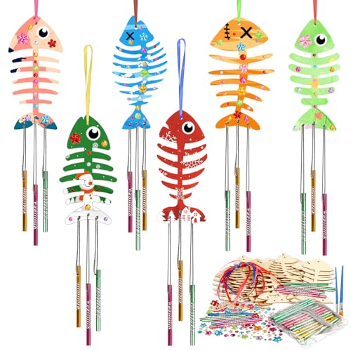 Fennoral 30 Pack Wind Chime Kit Make Your Own Fish Wind Chime Wooden Arts and Crafts for Girls Boys Ornaments DIY Coloring Spring Craft for Classroom Art Activities Mothers Day Decoration - Image 1