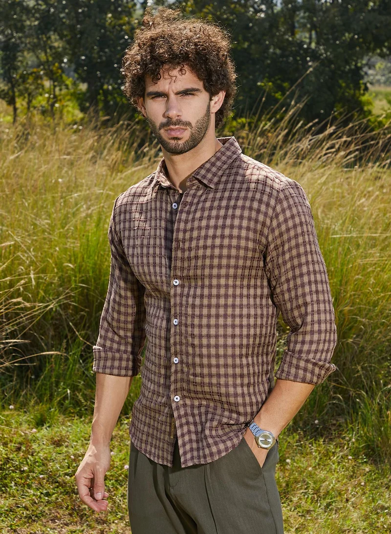 Campus Sutra Men's Mocha Brown Bi-Check Shirt
