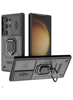 حافظة كاميرا منزلقة لهاتف Samsung Galaxy S24 Ultra غطاء فاخر مدرع من البولي كربونات مقاوم للصدمات مع حامل معدني وغطاء خلفي واقي
