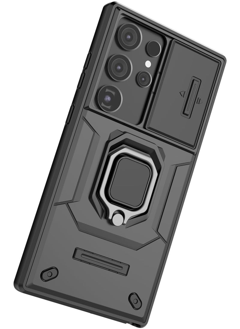 Generic - حافظة كاميرا منزلقة لهاتف Samsung Galaxy S24 Ultra غطاء فاخر مدرع من البولي كربونات مقاوم للصدمات مع حامل معدني وغطاء خلفي واقي - Image 1