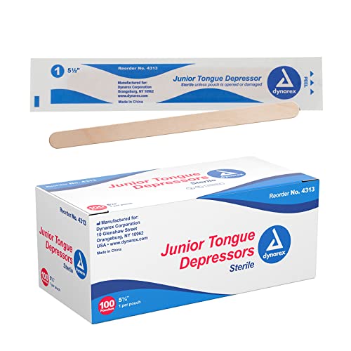 Dynarex Tongue Depressors, Sterile, 5.5" Junior-Sized Length, Made from Beige Birch Wood, Comes in Peel-Down Patches, 1 Box of 100 - Image 1