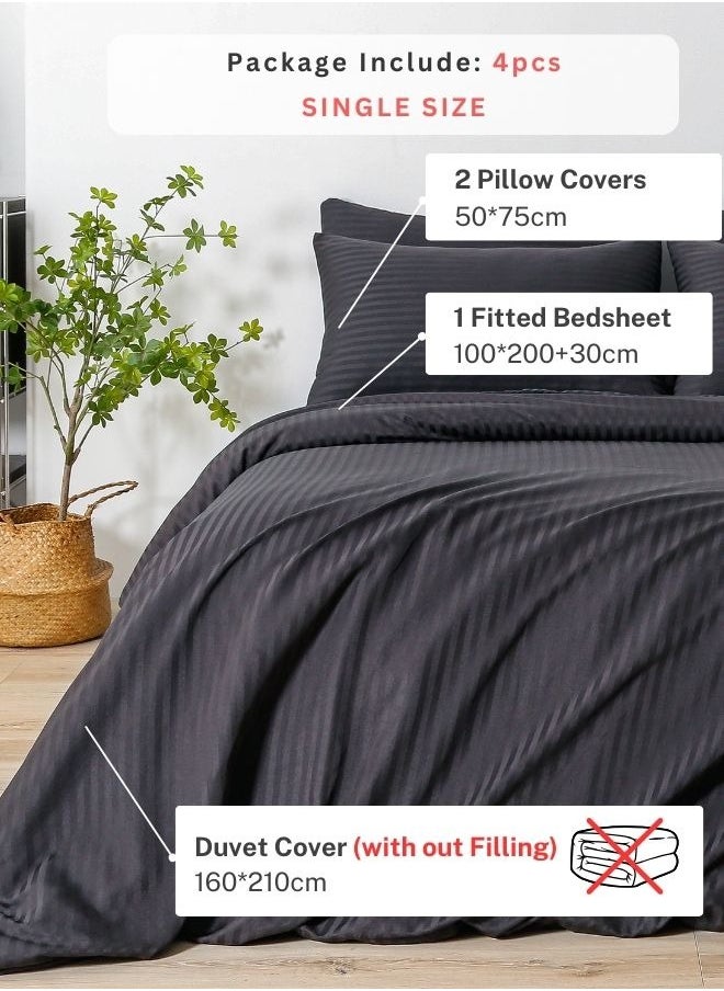 LUNA Home Premium Single Size 4-Piece Bed Linen Satin Striped Black  - Image 2
