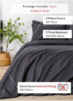 LUNA Home Premium Single Size 4-Piece Bed Linen Satin Striped Black  - Image 2