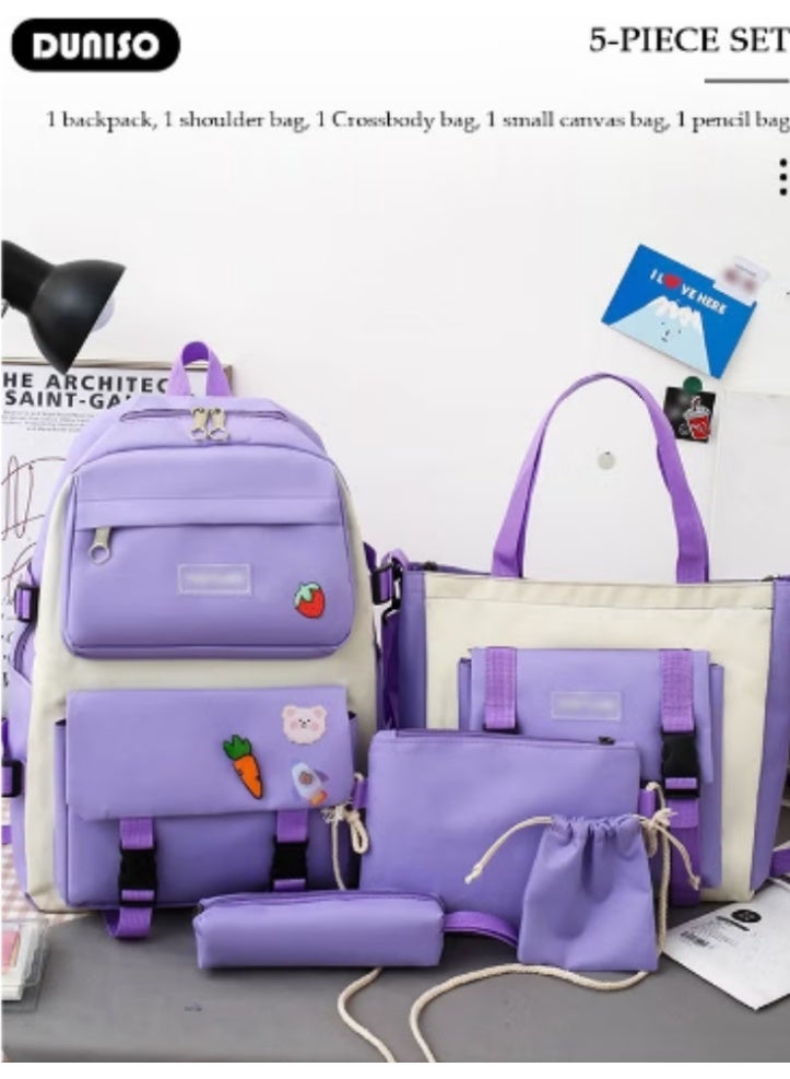 DUNISO Purple - White Color - Blocking Cute Schoolbag 4 - Piece Set | Adorable Accessories, Practical and Eye - Catching - Image 2