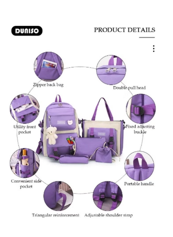 DUNISO Purple - White Color - Blocking Cute Schoolbag 4 - Piece Set | Adorable Accessories, Practical and Eye - Catching - Image 3