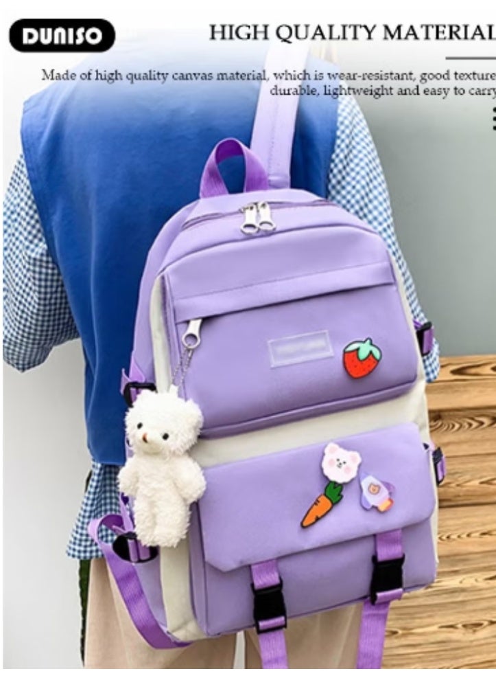 DUNISO Purple - White Color - Blocking Cute Schoolbag 4 - Piece Set | Adorable Accessories, Practical and Eye - Catching - Image 4
