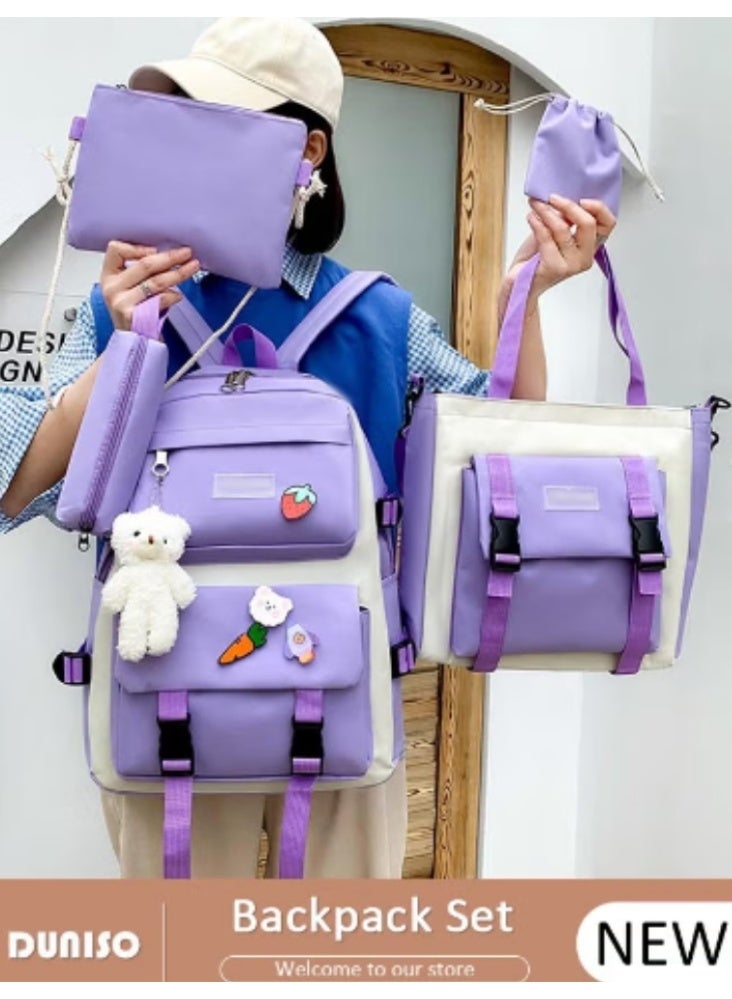DUNISO Purple - White Color - Blocking Cute Schoolbag 4 - Piece Set | Adorable Accessories, Practical and Eye - Catching - Image 1