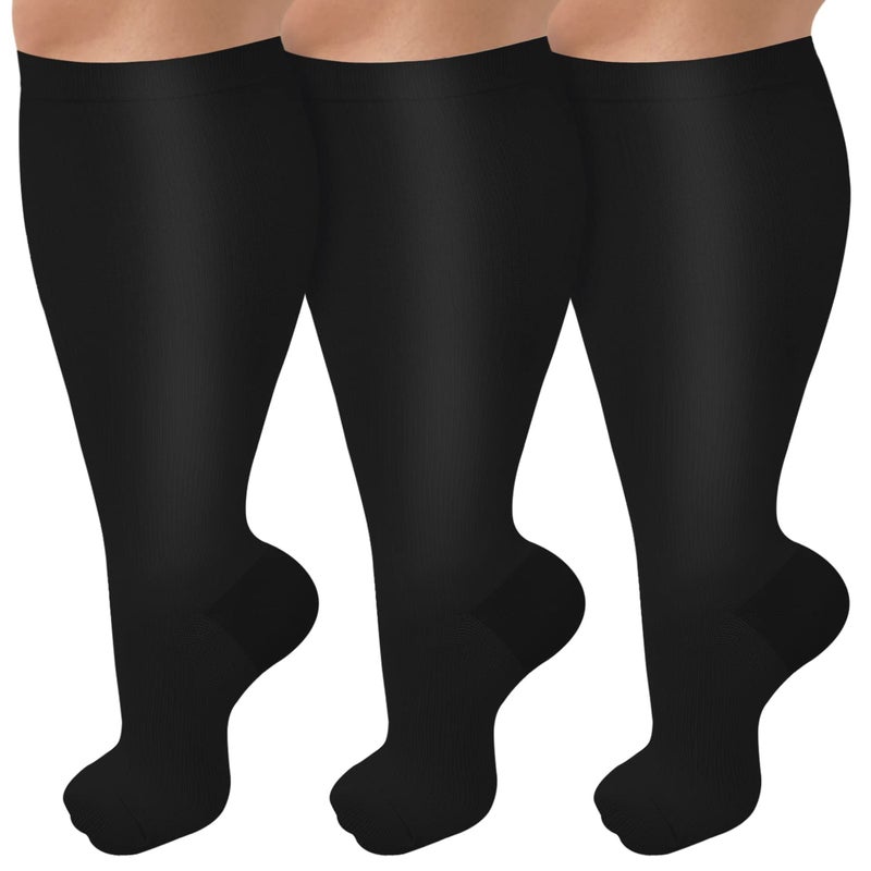 CTHH 3 Pack Wide Calf Compression Socks for Women & Men, Plus Size Knee High Stocking for Circulation Support, Black L/XL - Image 1