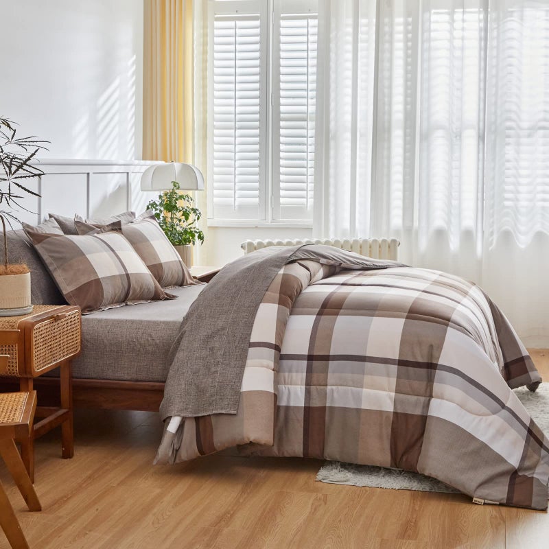 AIKASY Bed in a Bag 7 Piece Queen Size, Brown Plaid Design Soft Microfiber Reversible Bed Comforter Set for All Season (1 Comforter, 2 Pillow Shams, 1 Flat Sheet, 1 Fitted Sheet, 2 Pillowcases) - Image 3