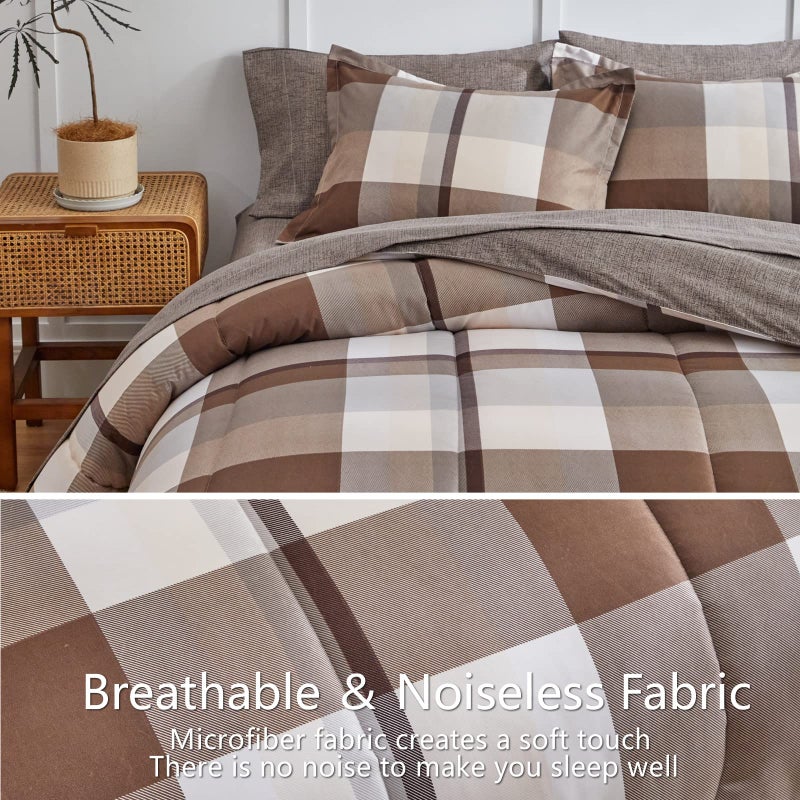AIKASY Bed in a Bag 7 Piece Queen Size, Brown Plaid Design Soft Microfiber Reversible Bed Comforter Set for All Season (1 Comforter, 2 Pillow Shams, 1 Flat Sheet, 1 Fitted Sheet, 2 Pillowcases) - Image 5