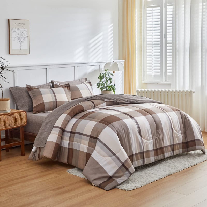 AIKASY Bed in a Bag 7 Piece Queen Size, Brown Plaid Design Soft Microfiber Reversible Bed Comforter Set for All Season (1 Comforter, 2 Pillow Shams, 1 Flat Sheet, 1 Fitted Sheet, 2 Pillowcases) - Image 1