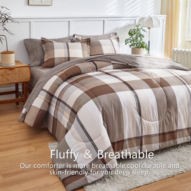 AIKASY Bed in a Bag 7 Piece Queen Size, Brown Plaid Design Soft Microfiber Reversible Bed Comforter Set for All Season (1 Comforter, 2 Pillow Shams, 1 Flat Sheet, 1 Fitted Sheet, 2 Pillowcases) - Image 4