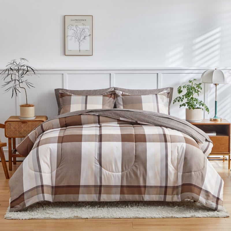 AIKASY Bed in a Bag 7 Piece Queen Size, Brown Plaid Design Soft Microfiber Reversible Bed Comforter Set for All Season (1 Comforter, 2 Pillow Shams, 1 Flat Sheet, 1 Fitted Sheet, 2 Pillowcases) - Image 2