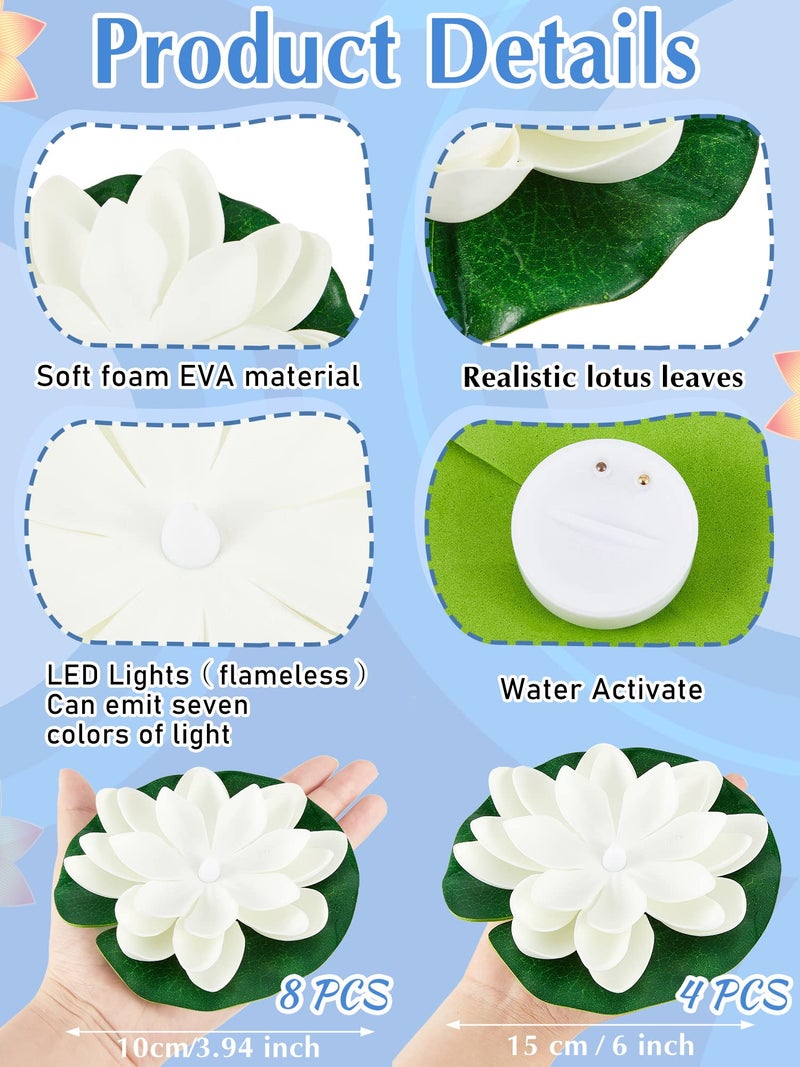 Hortsun 12 Pcs Floating Lotus Lights with Batteries Lily Pads Pool Flowers Floating Candles Decor Artificial Pond Ornaments for Pool Pond Outdoor Indoor(3.94/5.91 Inch,White) - Image 3