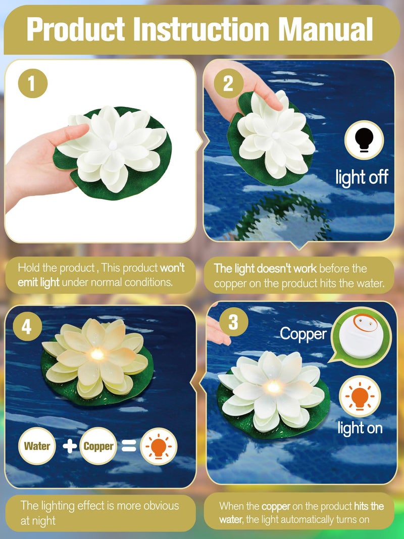 Hortsun 12 Pcs Floating Lotus Lights with Batteries Lily Pads Pool Flowers Floating Candles Decor Artificial Pond Ornaments for Pool Pond Outdoor Indoor(3.94/5.91 Inch,White) - Image 2