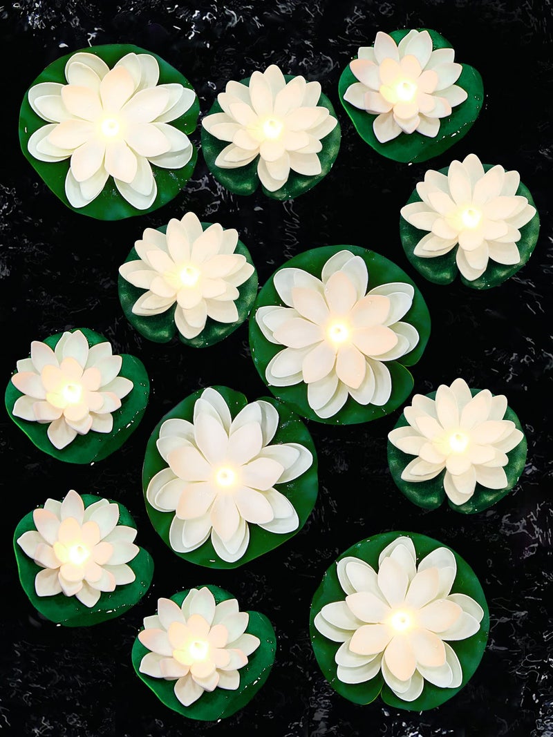 Hortsun 12 Pcs Floating Lotus Lights with Batteries Lily Pads Pool Flowers Floating Candles Decor Artificial Pond Ornaments for Pool Pond Outdoor Indoor(3.94/5.91 Inch,White) - Image 1