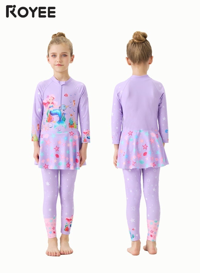 Children's Mermaid Swimsuit， Long sleeved One Piece Sun Proof kids Swimwear With Swim Cap For Height 70-120cm Girls