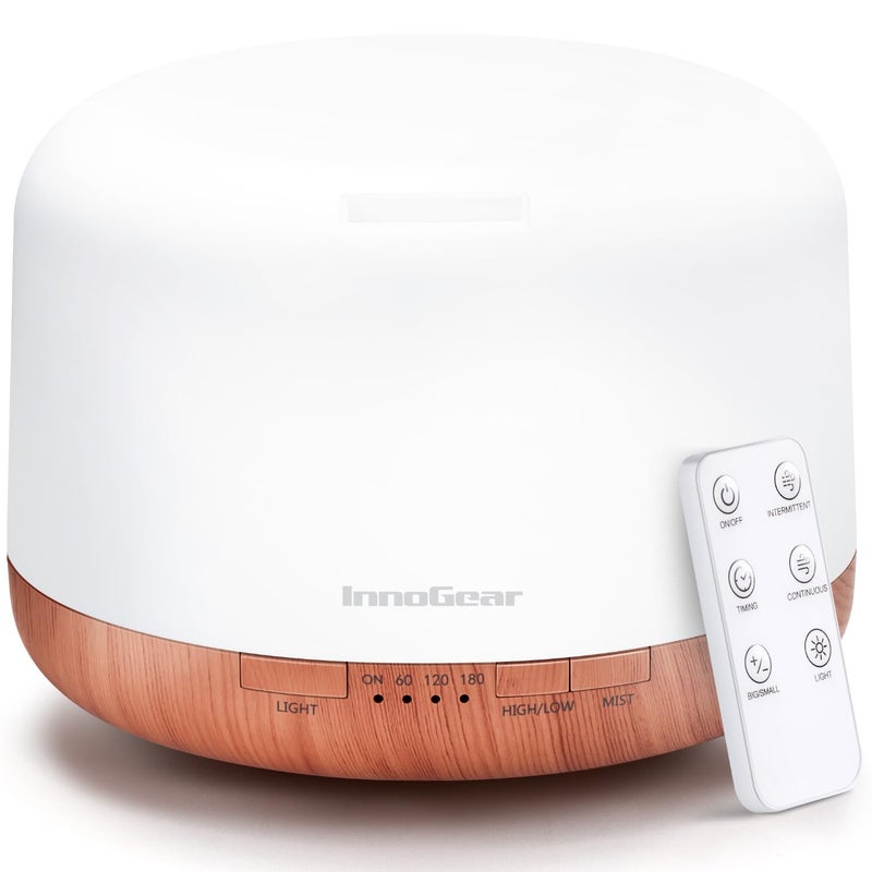 InnoGear موزع زيت عطري إنوجير 500 مل مع جهاز تحكم عن بعد، موزعات عطرية فوق صوتية فاخرة، مرطب هواء، جهاز بخار مع مؤقت إيقاف تلقائي للغرف الكبيرة، أصفر - Image 1