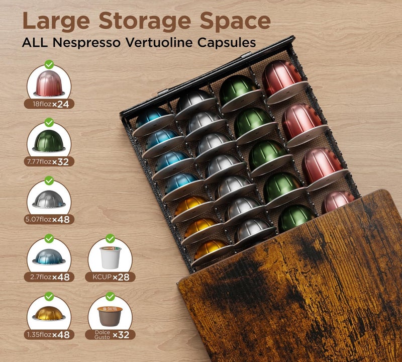HFHOME حامل كبسولات قهوة متعدد الوظائف لنسبرسو فيرتوا بسعة 48-24 كبسولة و32 كبسولة دولتشي غوستو، درج تخزين صغير لكبسولات فيرتو لاين بسطح خشبي، حامل كبسولات قهوة معدني منزلق كلاسيكي مضاد للانزلاق - Image 5