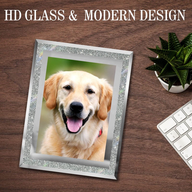 HIKWADERY 5x7 Picture Frames Silver - Set of 2  Sparkle Real Glass 5 by 7 Photo Frame Mirrored Edge Great Gift  for Tabletop or Wall Display (5 x 7  Glitter Silver) - Image 3