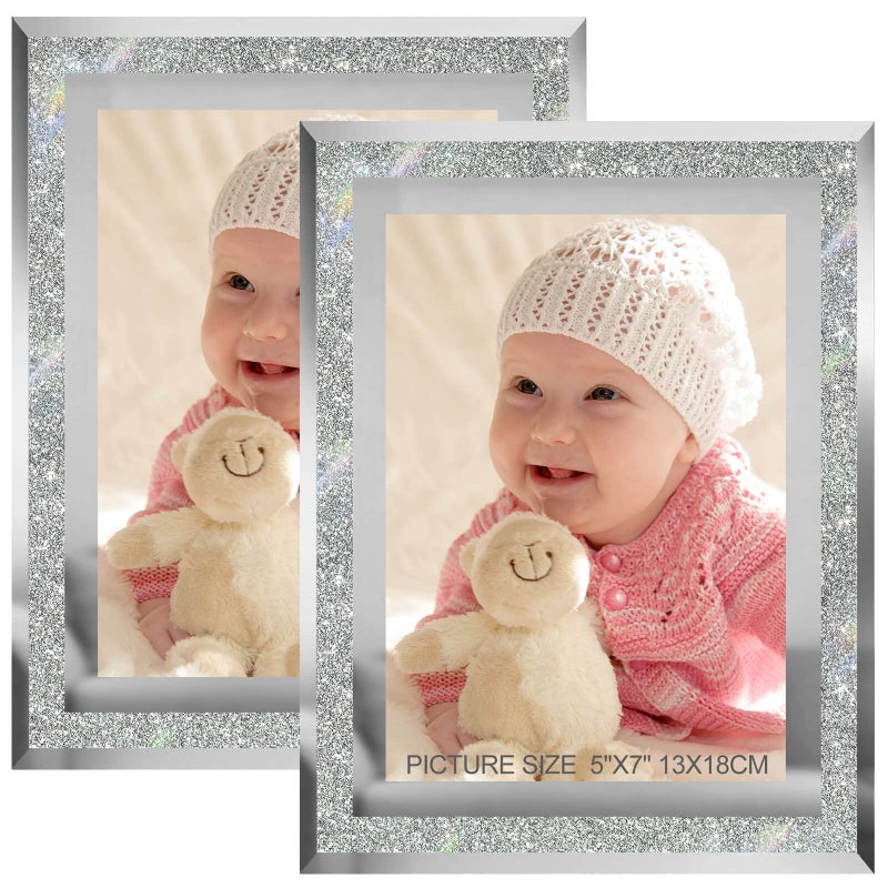 HIKWADERY 5x7 Picture Frames Silver - Set of 2  Sparkle Real Glass 5 by 7 Photo Frame Mirrored Edge Great Gift  for Tabletop or Wall Display (5 x 7  Glitter Silver) - Image 1