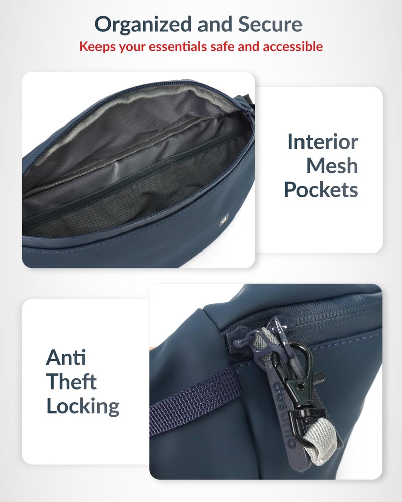 Destinio Waist Bag for Men and Women - Anti Theft, Waterproof Zippers and Back Pocket - Large Travel Waist Pouch, Fanny Pack, Belt & Hip Bag for Hiking, Passport, Gym (Blue) - Image 5