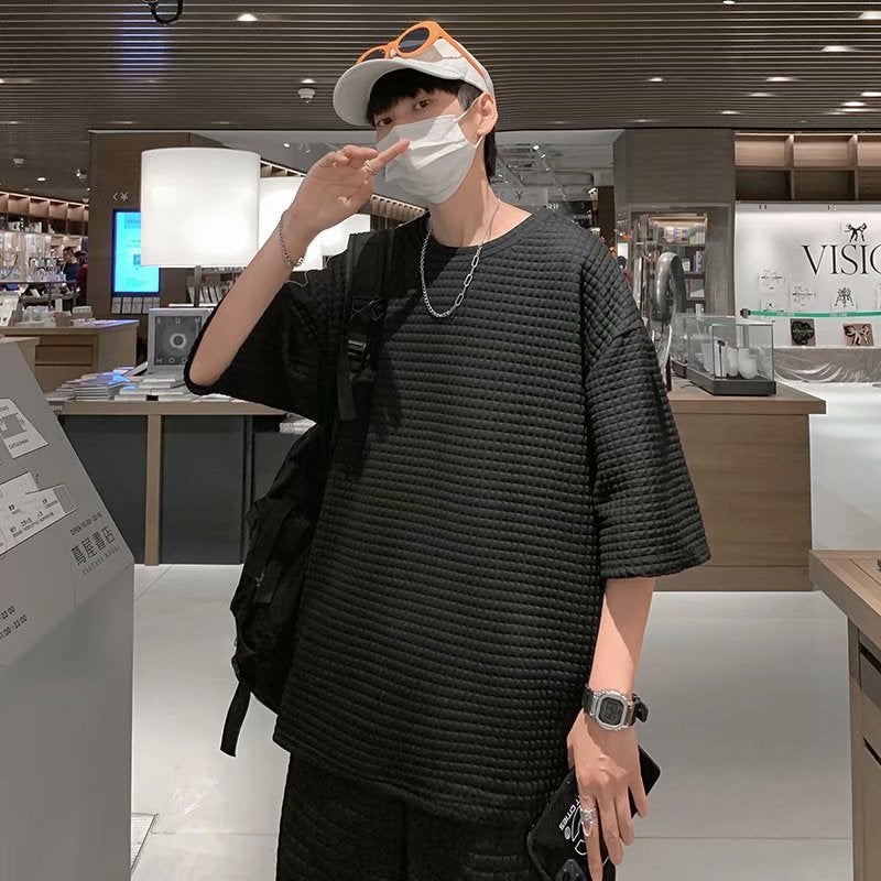 Mens Waffle Grid Sportswear Set Cool Tee Outfit Black Top  - Image 1