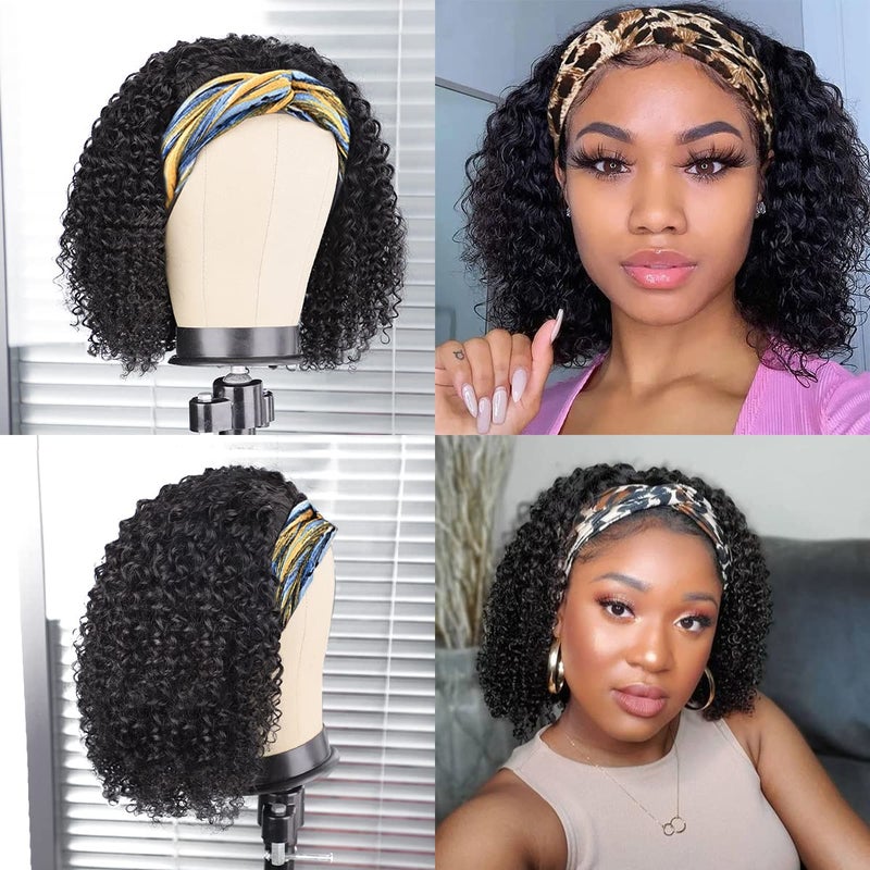 AISI Headband Wig Human Hair Curly Wigs for Black Women Brazilian None Lace Front Wigs 150% Density Natural Black Headband Wigs Glueless Wig with Elastic Band for Beginners 10 Inch - Image 2