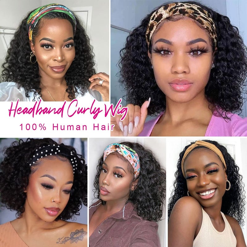 AISI Headband Wig Human Hair Curly Wigs for Black Women Brazilian None Lace Front Wigs 150% Density Natural Black Headband Wigs Glueless Wig with Elastic Band for Beginners 10 Inch - Image 5