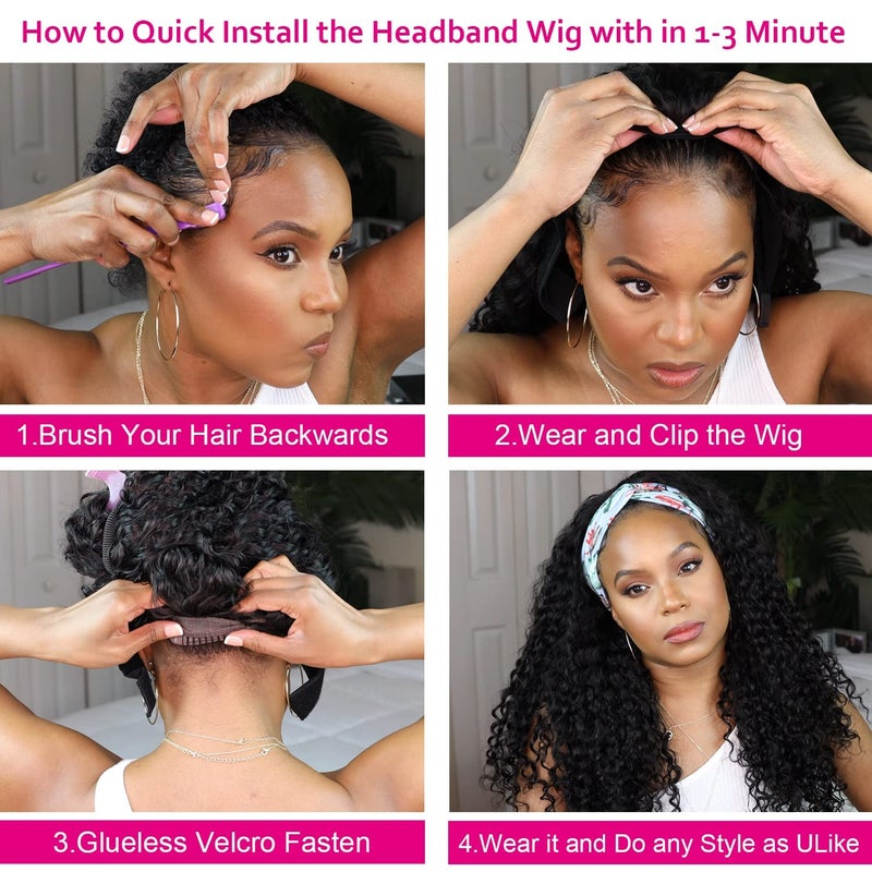 AISI Headband Wig Human Hair Curly Wigs for Black Women Brazilian None Lace Front Wigs 150% Density Natural Black Headband Wigs Glueless Wig with Elastic Band for Beginners 10 Inch - Image 4