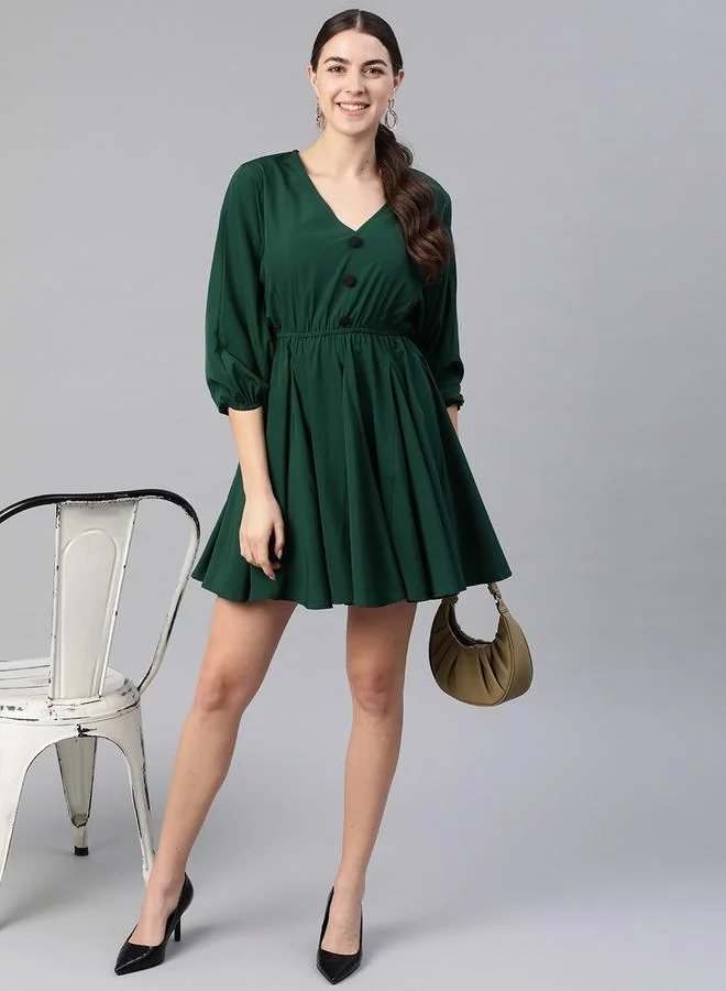 كاجوالي Kassually Women Green Solid V Neck Fit and Flare Mini Dress