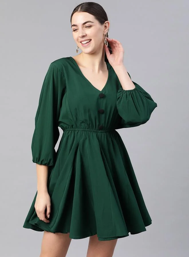 كاجوالي Kassually Women Green Solid V Neck Fit and Flare Mini Dress