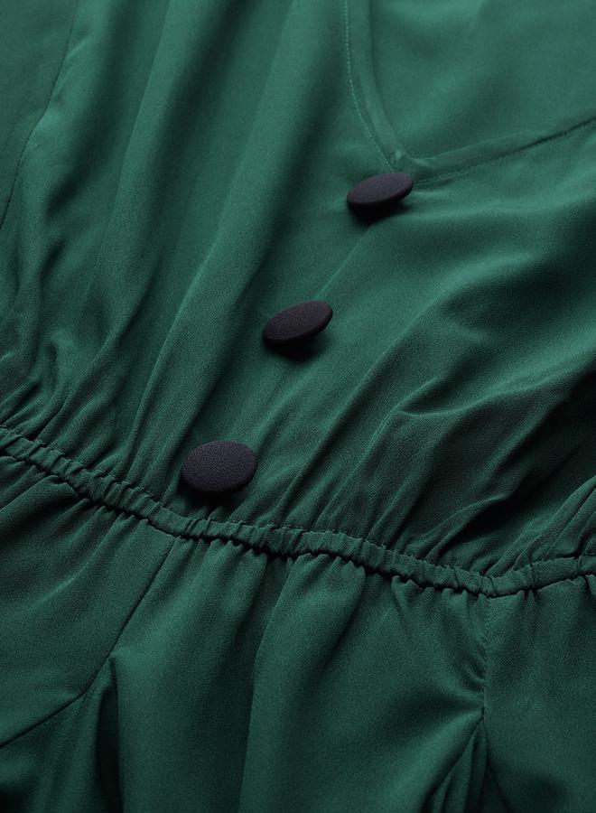 كاجوالي فستان نسائي قصير أخضر سادة بياقة على شكل حرف - Image 5