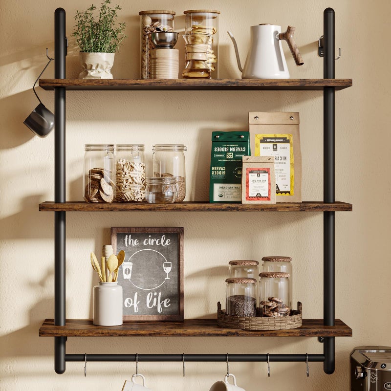 Bestier 3 Tier Industrial Pipe Shelving Floating Book Shelves for Wall Storage Hanging Shelves with Towel Bar for Bathroom Organizer Bedroom Kitchen Plants Office 315 Inch Rustic Brown