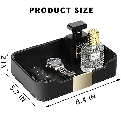 SANZIE Luxury Leather Tray Desktop Storage Catchall Organizer Decorative Tray for Entryway Table to Hold Jewelry Watch Keys Phone Wallet (Metal Glided, Black) - Image 3