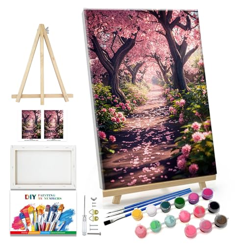 JOOZ Paint by Numbers Kit for Adults Landscape Paint by Number with Frame DIY Cherry Blossom Paint by Number with Easel Flowers Paint by Numbers Kit on Canvas for Gift Home Wall Decor 7.87x11.81 Inch - Image 1