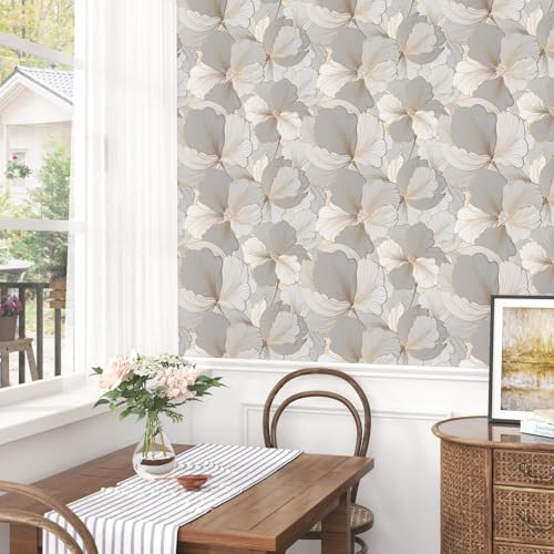 Wallderful Ginkgo Leaf Wallpaper Grey Gold Floral Peel and Stick Wallpaper for Bedroom Self Adhesive Boho Contact Paper Tropical Wall Paper for Shelf Liner Vinyl Roll Cabinet Covering 17.5"x102" - Image 3