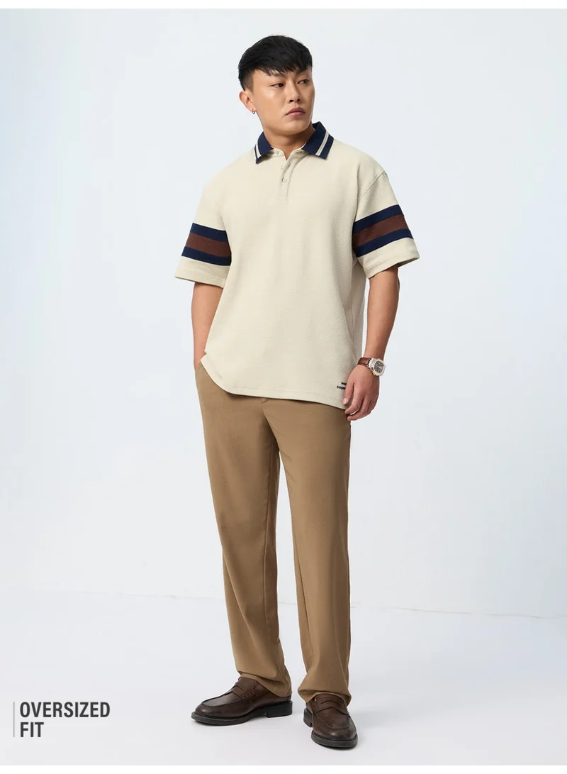 ذا سوليد ستور The Souled Store TSS Originals: Nautical Men and Boys Short Sleeve Spread Collar Off White Colour-block Cotton Blend Oversized Textured Waffle Stretchable Polo Shirts