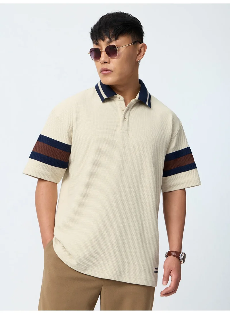 ذا سوليد ستور The Souled Store TSS Originals: Nautical Men and Boys Short Sleeve Spread Collar Off White Colour-block Cotton Blend Oversized Textured Waffle Stretchable Polo Shirts