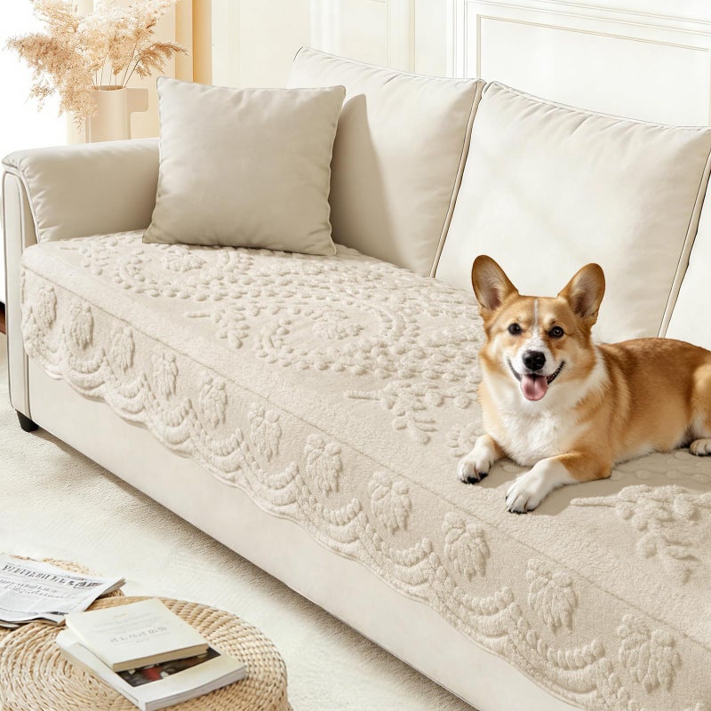 Arfntevss Couch Cover for Dogs Boho Plush Washable Sofa Covers for 3 Cushion Couch Pet Friendly Fuzzy Slipcovers 3 Seat Anti-Slip Sectional Furniture Protector (Plush Vines Cream White, 35.5" x 71") - Image 1