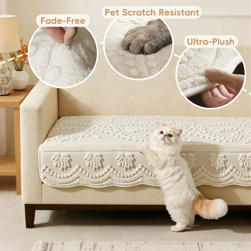 Arfntevss Couch Cover for Dogs Boho Plush Washable Sofa Covers for 3 Cushion Couch Pet Friendly Fuzzy Slipcovers 3 Seat Anti-Slip Sectional Furniture Protector (Plush Vines Cream White, 35.5" x 71") - Image 3