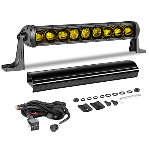 AKD Part 12 Inch Amber Light Bar Kit AKD Part 63W OSRAM LED Slim Single Row Light Bar Kit wWiring Harness Black Cover Spot Flood Combo Yellow LED Bumper Lights for UTV ATV SUV Trucks Pickup Canam Honda - Image 1