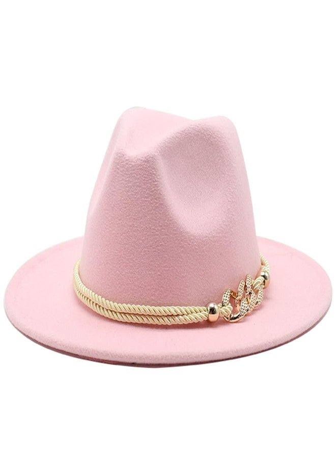 Elandy Pink Fashion Wide Brim Felt Fedora Hat with 3-Ring Buckle Belt Adjustable Church Dress Panama Hat for Women Men - Image 1
